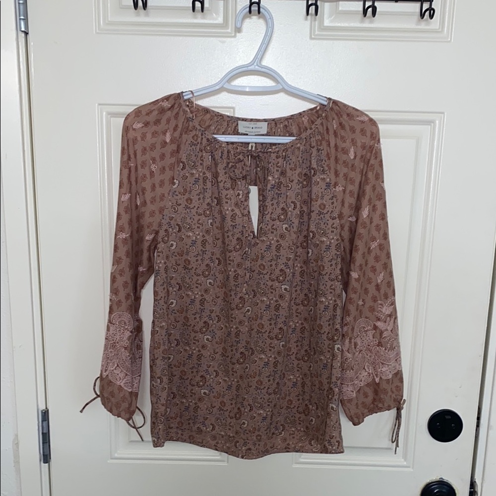 Lucky Brand Pink Bell Sleeve Blouse with Tie Front